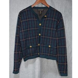 Classiques Entier Plaid Cardigan Sweater Green Blue Gold Buttons Size M